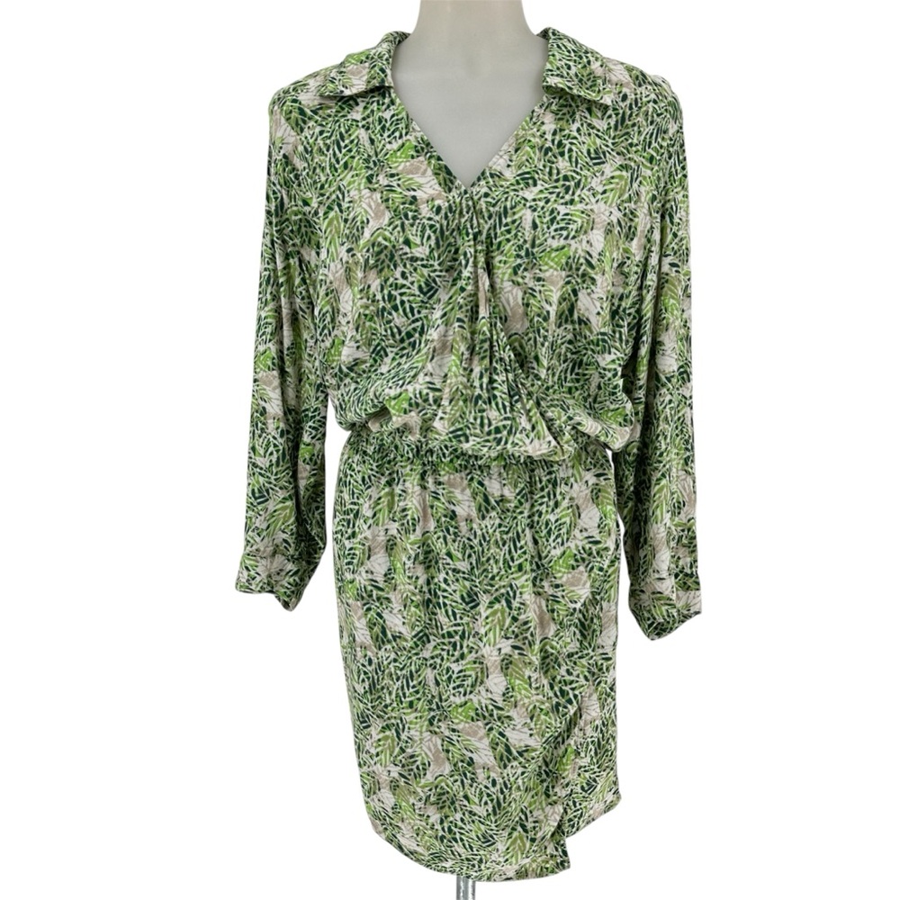 CAbi Green Tropical palm Leaf Print Shirt Dress Faux Wrap VNeck 3/4 Sleeve Sz M